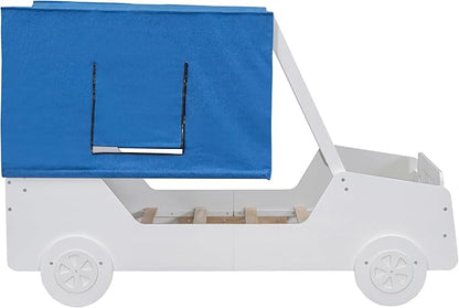 Full Size Race Jeep Car Bed Platform Bed with Tent Canopy and Wheels,Wood Bed Frame W/Raised Bed Design,for Kids Boys Girls Teens,White - LeafyLoom