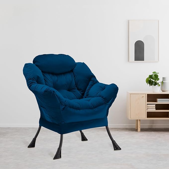 Lazy Chair Thick Padded, Accent Chair Velvet Upholstered with Wide Seat, Stable Metal Frame and Non-Slip Pad, Modern Sofa Armchair with Side Storage Bag for Dorm, Room, Office, Blue - LeafyLoom