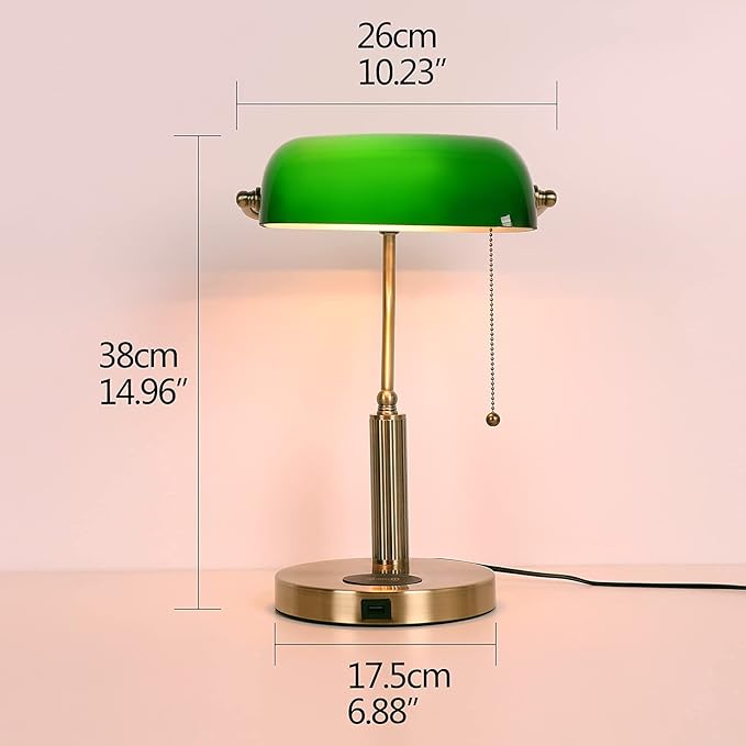 FIRVRE Glass Bankers Desk Lamp USB Wireless Charging Port LED Desk Lamp Classic Retro Pull Chain Switch Table lamp Reading Modern for Home Office nightstand Bedside Study Desk Library (Green) - LeafyLoom