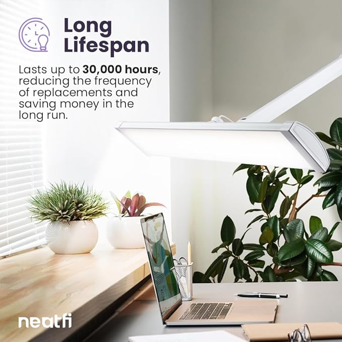 Neatfi Ultra 3,500 Lumen LED Desk Lamp, 45W, 26-Inch Wide Metal Shade, 270 SMD LEDs (Non-CCT with Clamp, White) - LeafyLoom