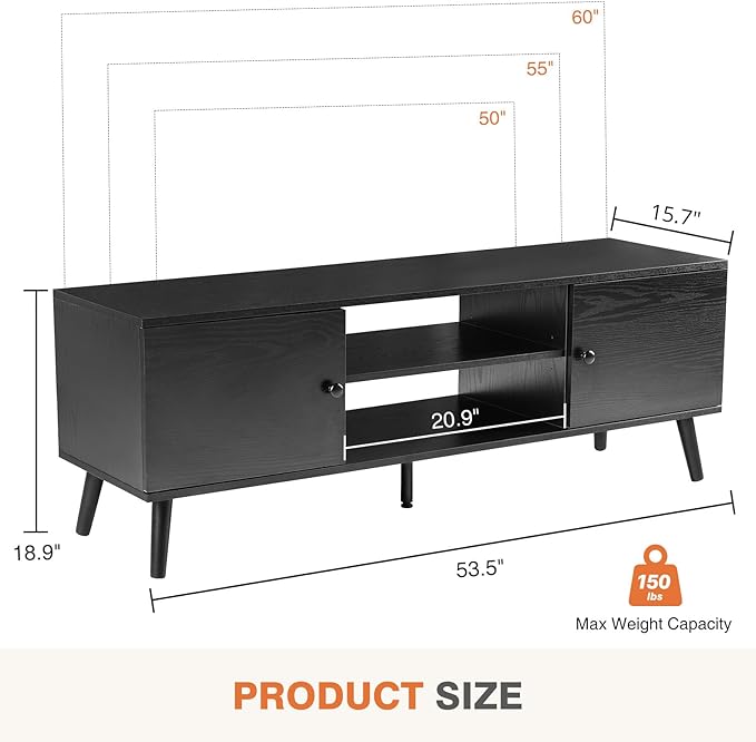 Sweetcrispy TV Stand for 55 60 inch Television, Entertainment Center with Storage, 2 Cabinet Media Console Table, Soft Hinge Door with Handle, Wood Feet, Living Room, Bedroom Furniture, Charcoal Black - LeafyLoom