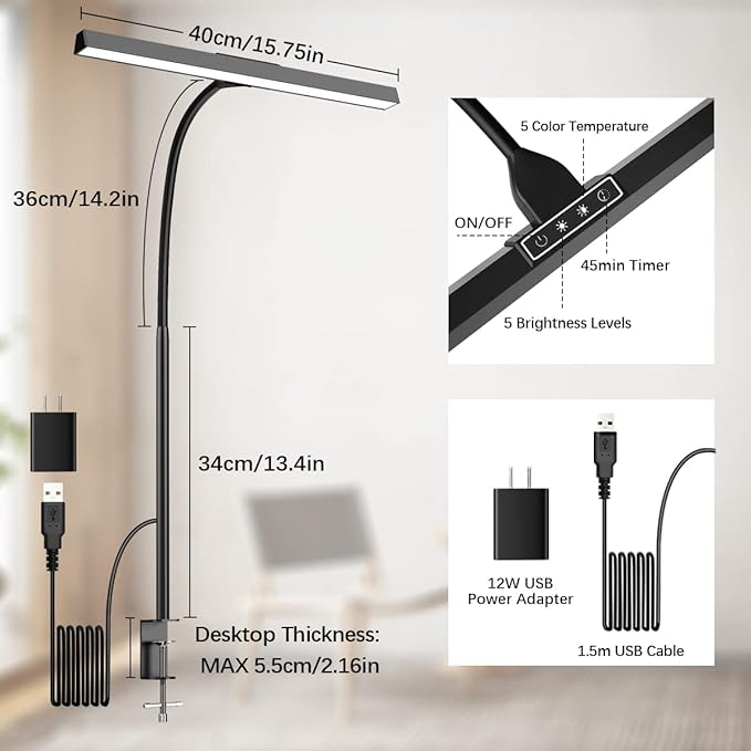 LED Desk Light for Office - Flexible Monitor Light Bar，Adjustable Gooseneck Clamp Desk Lamps, 12W Clip Table Lamp with USB Adapter for Workbench Computer Screen Working Reading Study - LeafyLoom