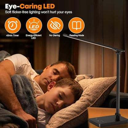 Desk Lamp Eye-Caring LED Table Lamp Dimmable Bedside Lamp with 2 USB Charging Ports and 10 Brightness Levels x 5 Colour Modes Touch Control Daylight Lamp for Office, Bedside, Reading- Auto Timer - LeafyLoom