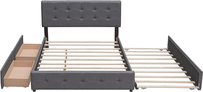 Queen Size Platform Bed, Queen Linen Fabric Upholstered Platform Bed Frame with 2 Storage Drawers and 1 Twin XL Trundle, Ideal Bedroom Furniture, No Box Spring Needed, Dark Gray - LeafyLoom