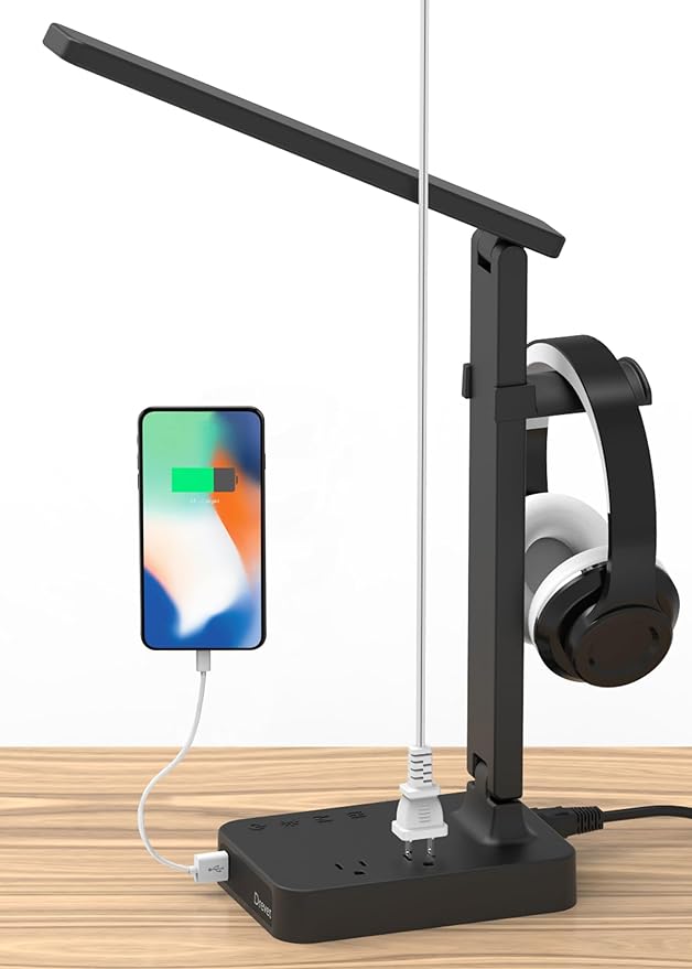 Drevet LED Desk Lamp with Headphone Stand, Desk Light with 1 USB Charging Port and 2 AC Power Outlet, 3 Lighting Modes, 3 Level Brightness,1H Timer, Memory Function, Eye-Caring Gaming Desk Lamp - LeafyLoom