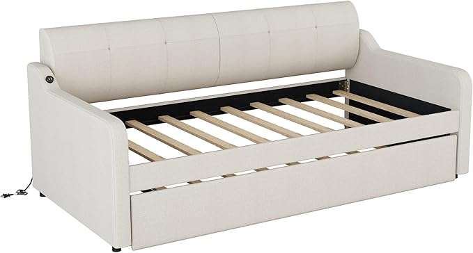 Upholstered Daybed with Pop Up Trundle, Twin Size Daybed with Trundle and USB Charging Ports, for Living Room Bedroom Guest Room, Beige - LeafyLoom