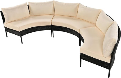 3-Piece Half Moon Patio Furniture Set with Cushions, All Weather Rattan Curved Outdoor Sofa Conversation Group Seatings for Balcony Front Porch Backyard Deck Lawn, Beige - LeafyLoom