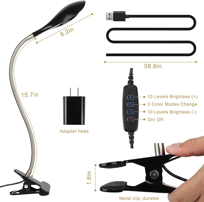 Desk lamp Eye-Caring Table Lamps, 360°Rotation Gooseneck Clip on Lamp Reading Light, Portable Reading Book Light, Clamp Light, Study Desk Lamps for Bedroom and Office Home Lighting (Black-C02) - LeafyLoom