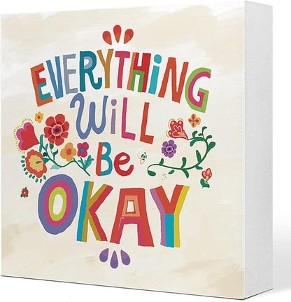 Ruvoty Everything Will Be Okay Colorful Word Art Wooden Sign Desk Decor,Inspirational Wood Block Sign Desk Decorations for Home Bedroom Dorm Office Desk Shelf Table Decor - LeafyLoom