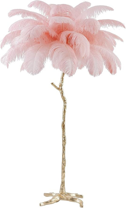 Luxury Resin Ostrich Feather Lamp, 35 Pieces real ostrich feathers,Feather Floor Lamp,Standing Lamp for Living Room, Bedroom and Office 67” Tall Feather Lamp (Pink) - LeafyLoom