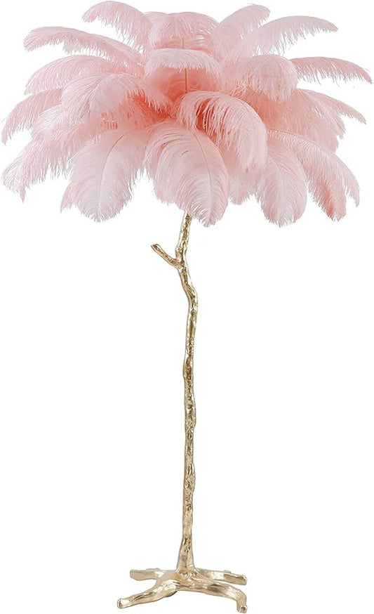 Luxury Resin Ostrich Feather Lamp, 35 Pieces real ostrich feathers,Feather Floor Lamp,Standing Lamp for Living Room, Bedroom and Office 67” Tall Feather Lamp (Pink) - LeafyLoom