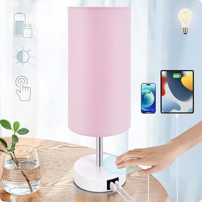 Yarra-Decor Desk Lamp with USB Port, Touch Control Desk Lamp with 3 Levels Brightness, Bedside Table Lamp with Round Pink Shade for Bedroom, Living Room, Dorm, Home Office - LeafyLoom