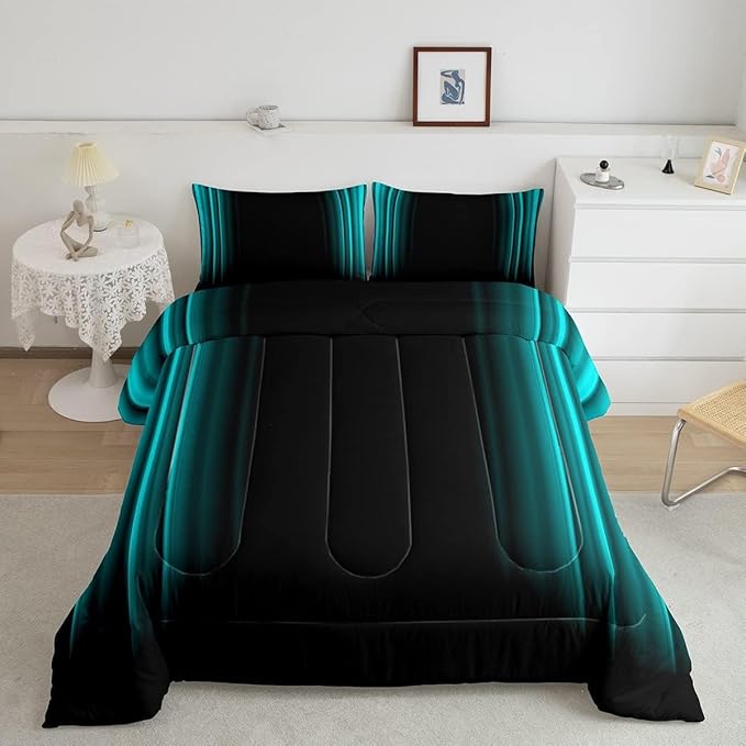 Geometric Abstract Ombre Comforter Set Kids Teens Teal and Black Striped Bedding Bed Set Decor Modern Fashion Comforter Inner Fill Bedroom Collection 3Pcs King Size - LeafyLoom