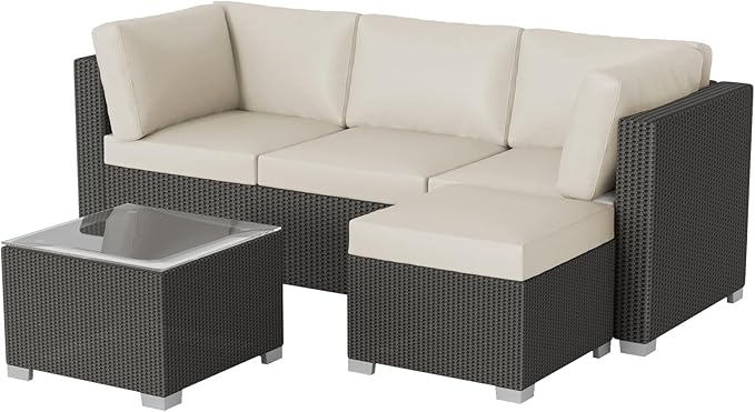 GAOMON 5-Piece Outdoor Patio Rattan Wicker Sofa Set, Pe Rattan Conversation Sectional with Thickened Back Cushion, Glass Tabletop, Ottoman - Ideal for Courtyard Space, Beige - LeafyLoom