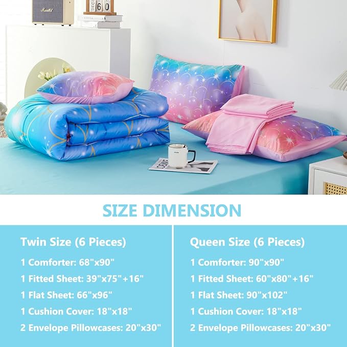 PERFEMET Pink Purple Mermaid Comforter Queen Size 6 Pieces Girls Bedding Set Colorful Rainbow Ombre Bed in A Bag Mermaid Scale Print Queen Comforter Set with Sheets - LeafyLoom