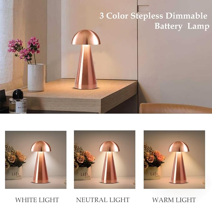 Cordless Metal Desk Lamp, Touch Sensor Control LED Table Lamp,3 Color Stepless Dimmable Battery Powered Lamp (Rose Gold) - LeafyLoom