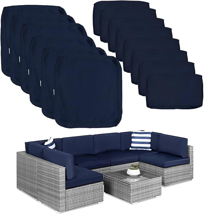 ClawsCover 14Pack Outdoor Patio Seat and Back Cushions Replacement Covers Fit for 7Pieces 6-Seater Wicker Rattan Sectional Couch Chair Furniture Set,Navy-Include Cover Only (Large) - LeafyLoom