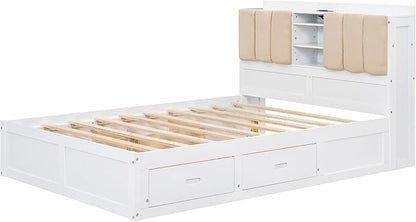 Wood Full Size Platform Bed with Storage Headboard and 4 Drawers, White - LeafyLoom