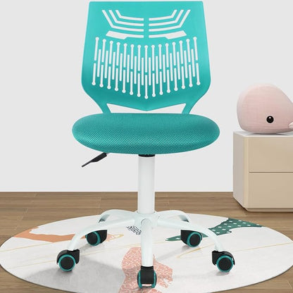 FurnitureR Desk Chair Armless Home Office Task Chair with Mesh Padded Cushion Swivel Study Chair with Rolling Wheels for Kids Teens Children, Turquoise - LeafyLoom