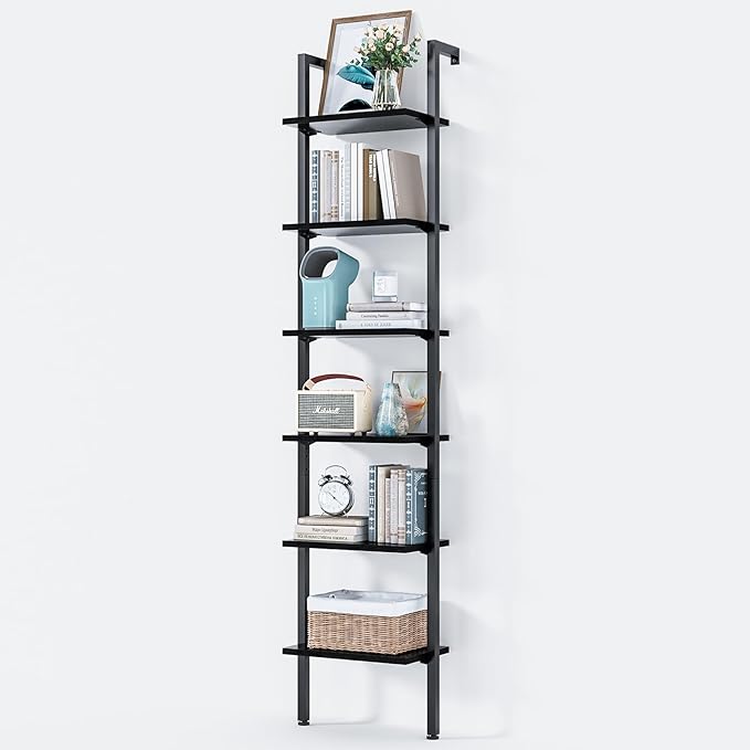 ODK Ladder Shelf, 6 Tier Black Bookshelf, 86 Inch Wall Mounted Book Shelf with Metal Frame, Ladder Bookshelf Bookcase for Bedroom, Home Office and Living Room - LeafyLoom