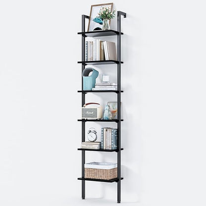 ODK Ladder Shelf, 6 Tier Black Bookshelf, 86 Inch Wall Mounted Book Shelf with Metal Frame, Ladder Bookshelf Bookcase for Bedroom, Home Office and Living Room - LeafyLoom