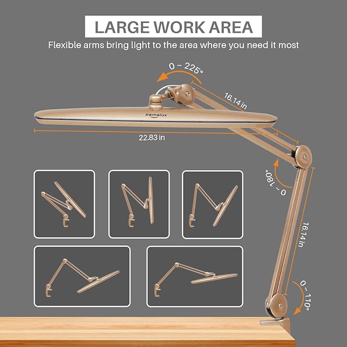 Task Lamp with Clamp, Bright 117PCS LEDs, Metal Swing Arm 24W 2200 Lumen Dimmable Led Desk Lamp for Architect Home Office Study Reading Dorm Workbench Craft, 23 Inch Lamp Head Work Lamp - LeafyLoom