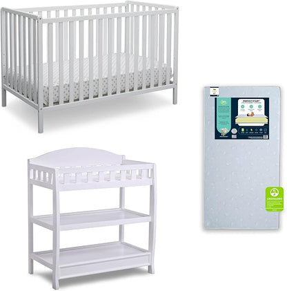 Delta Children Heartland 4-in-1 Convertible Crib Infant Changing Table with Pad + Serta Perfect Start Crib Mattress, Bianca White - LeafyLoom