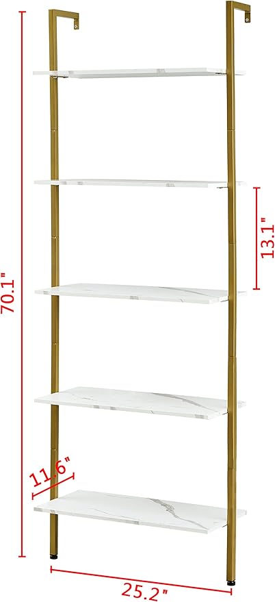 Tajsoon 5-Tier Ladder Shelf, Large Wall Mount Bookshelf with Metal Frame, Open Display Shelves for Living Room, Bedroom, Home, Plant Flower, White & Gold - LeafyLoom