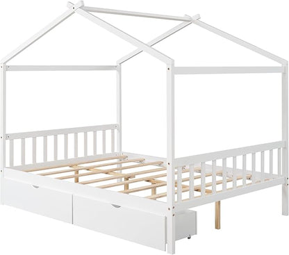 Full Size Bed Frame with Headboard and Footboard, Low House Bed/Full Bed Frame with Storage Drawer, Wood Bed Frame for Kids, Girls, Boys (White Drawer, Full) - LeafyLoom