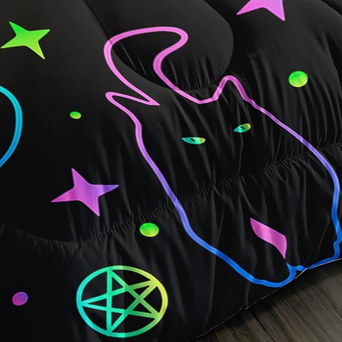 Black Cat Bedding Cartoon Cat Comforter Set Full,Moon Stars Printed Kids Bedding Set for Boys Girls Adults Room Decor,Kids Comforter Set All Season,1 Quilt 2 Pillow Cases,Neon Color Purple Blue Green - LeafyLoom