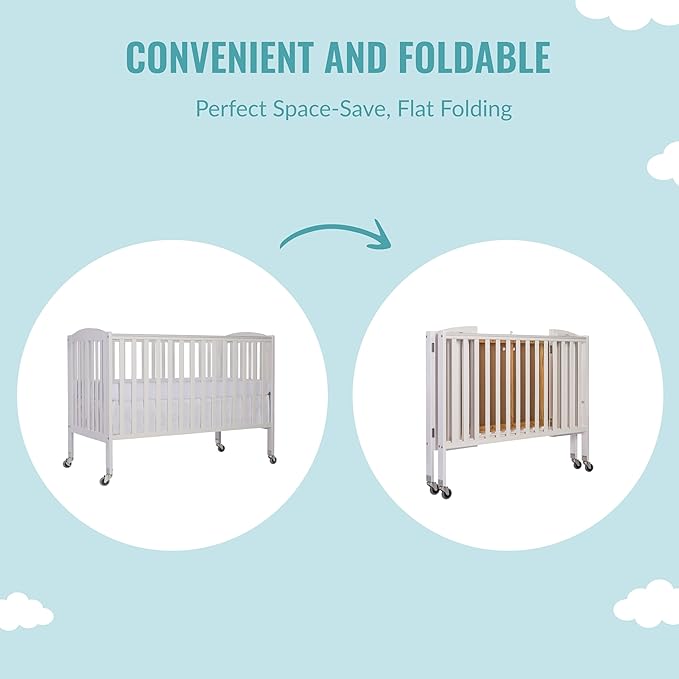 Folding Full Size Convenience Crib In White, Two Adjustable Mattress Height Positions, Comes With Heavy Duty Locking Wheels, Flat Folding Crib - LeafyLoom