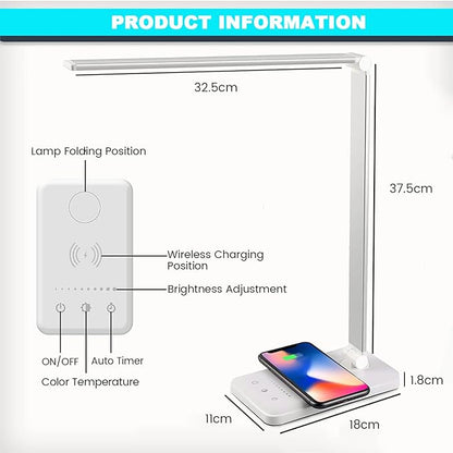 LED Desk Lamp with Wireless Charger, USB Charging Port, Desk Light with 10 Brightness, 5 Color Modes, Dimmable Eye Caring Reading Desk Lamps for Home Office, Touch Control, Auto Timer, White - LeafyLoom