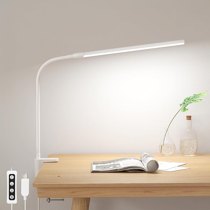 Lepro Small Desk Lamp with Clamp, LED Reading Lamp with 3 Color Modes 10 Brightness, Dimmable USB Clip on desk light with Gooseneck Swing Arm for Bed Headboard, Workbench, Home Office and Nail (White) - LeafyLoom