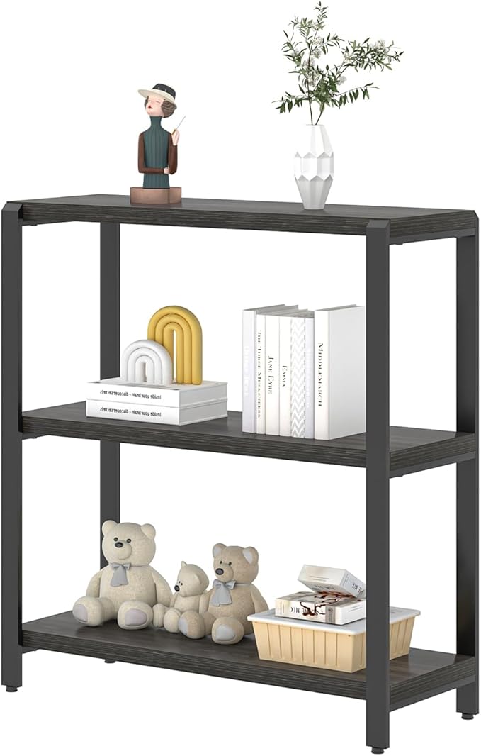 FOLUBAN Rustic Small Bookshelf and Bookcase, 3 Tier Low Short Book Shelf, Industrial Metal and Wood Book Case for Bedroom Living Room, Dark Gray - LeafyLoom