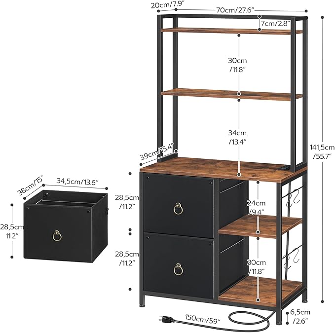 HOOBRO File Cabinet, Filing Cabinet with Charging Station, office cabinet with Bookshelf and Open Storage Shelf, for Home Office, A4/Letter Size, Nonwovens Drawer, Black and Rustic Brown BFK70UWJ01 - LeafyLoom