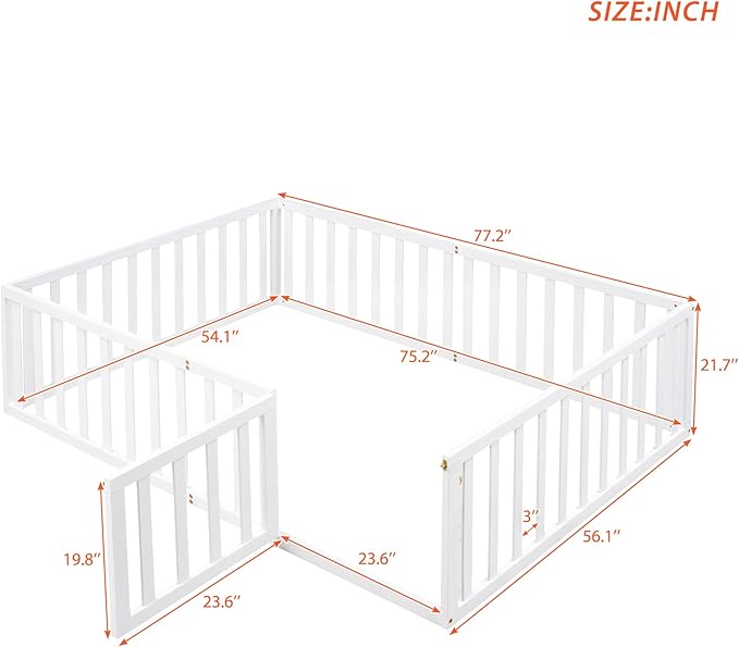 Multifunctional Full Size Floor Bed with Safety Guardrails and Door, Montessori Sturdy Solid Wood Beds Frame, Easy Assembly and No Spring Need, for Boys and Girls Room, White - LeafyLoom