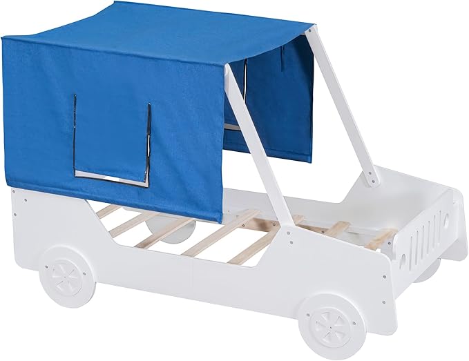 Twin Size Kids Car Bed with Tent Canopy & Wheels,Wood Bedframe W/Safty Grille,Raised Base Design,Easy to Assemble,Toddler Boys Car-Shaped Bedroom Beds for Reading Playing Relaxing,White - LeafyLoom