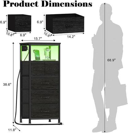 Furnulem Vertical Dresser with Charging Station and LED Lights, Black Chest of Drawers with Shelf and 5 Fabric Bins, Tall Nightstand for Entryway, Closet, Bedside Table, Wood Top, Bedroom Furniture - LeafyLoom