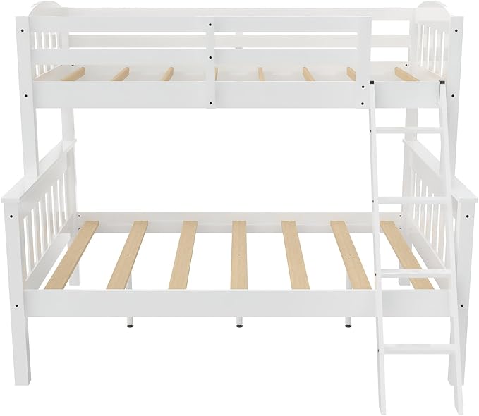 DHP Airlie Convertible Wood Bunk Bed, Stackable and Detachable Bed Frames for Kids and Teens, with Angled Ladder, High Guardrail, Wood Slats, No Boxspring Required, Twin-Over-Full, White - LeafyLoom