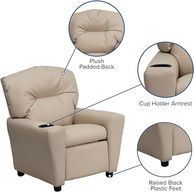 Flash Furniture Chandler Vinyl Kids Recliner with Cup Holder and Safety Recline, Contemporary Reclining Chair for Kids, Supports up to 90 lbs., Beige - LeafyLoom