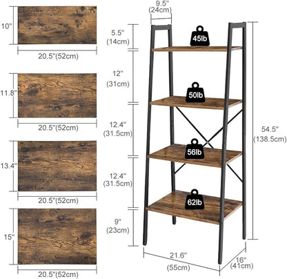 Ladder Shelf 4-Tier Bookcase Storage Rack, Steel Frame, Display Plant Shelves, Industrial Organizer Shelves for Living Room Kitchen Bathroom Office, Rustic Brown and Black - LeafyLoom