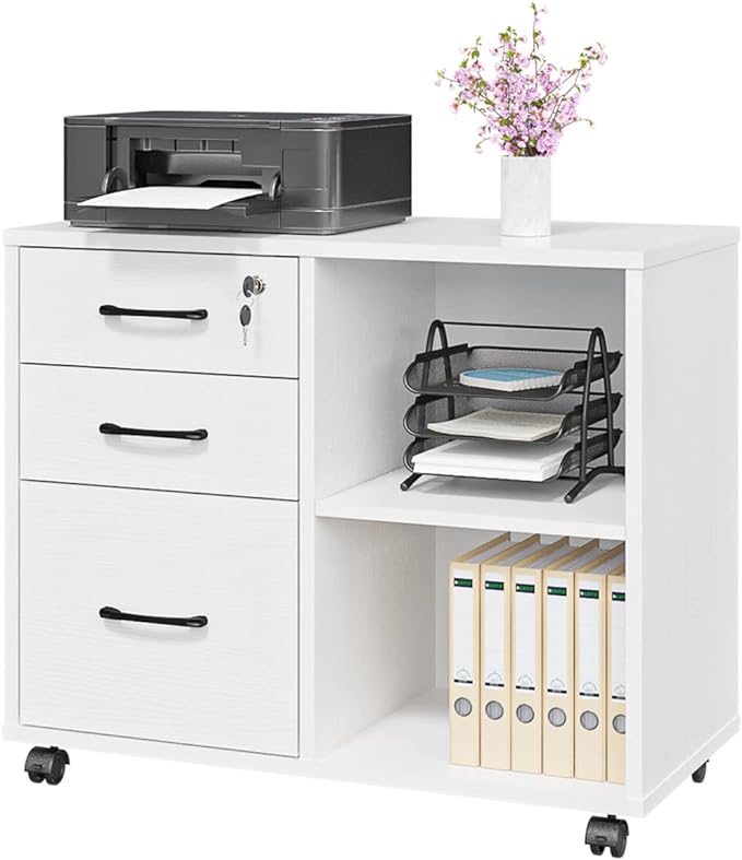 3 Drawer File Cabinets, Mobile Lateral Printer Stand with Open Shelf, Rolling Filing Cabinet with Wheels Home Office Organization and Storage (White) - LeafyLoom