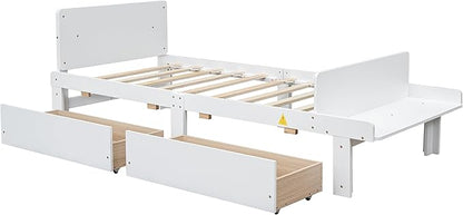 Dolonm Twin Bed Frames for Kids with 2 Drawers, Storage Platform Bed with Footboard Bench, Twin Kids Bed Headboard Frame Pine Wood, High Stable, No Box Spring Needed, Twin Bed for Kids, White - LeafyLoom