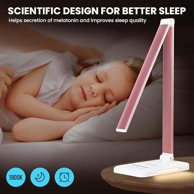 LED Desk Lamp with Night Light, Fast Wireless Charger, USB Charging Port, 10 Brightness, 5 Color Modes, Dimmable Bedside Table Lamp for Bedroom, Touch Control, Auto Timer, 1200Lux Super Bright - LeafyLoom