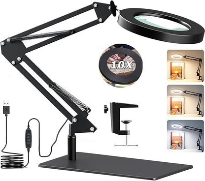 Magnifying Glass with Light and Stand,10X Magnifying LED Desk Lamp with Base & Clamp,3 Color Modes,10 Adjustable Brightness 2-in-1 Adjustable Swivel Arm Lamp Craft Light for Hobby Reading - LeafyLoom