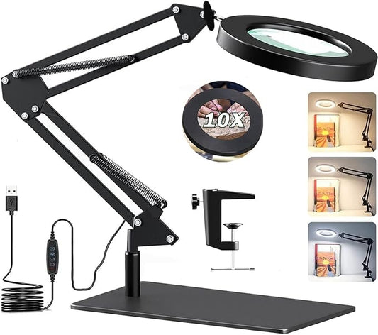 Magnifying Glass with Light and Stand,10X Magnifying LED Desk Lamp with Base & Clamp,3 Color Modes,10 Adjustable Brightness 2-in-1 Adjustable Swivel Arm Lamp Craft Light for Hobby Reading - LeafyLoom