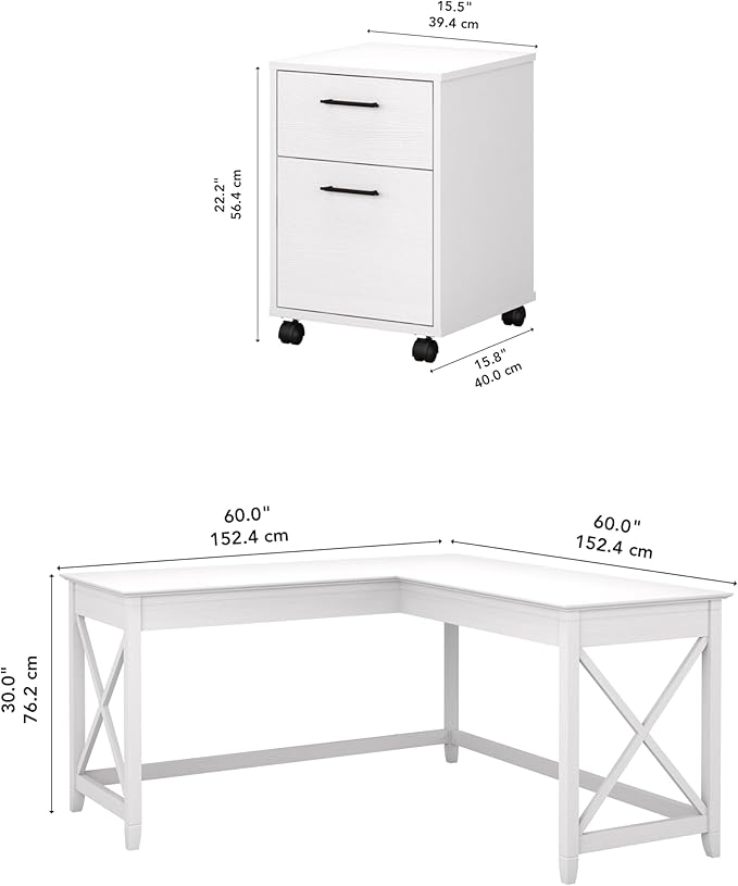 Bush Furniture Key West 60W L Shaped Desk with 2 Drawer Mobile File Cabinet in Pure White Oak - LeafyLoom