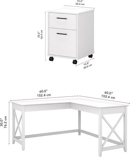 Bush Furniture Key West 60W L Shaped Desk with 2 Drawer Mobile File Cabinet in Pure White Oak - LeafyLoom