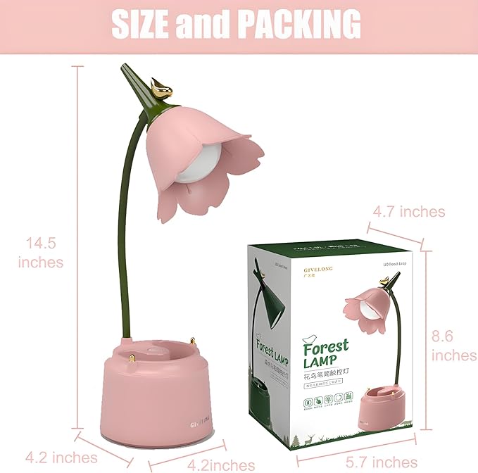 Cute LED Desk Lamp Kawaii Desk Accessories, Flower Bird Table lamp USB Rechargeable, 3 Color Modes, Stepless Dimming, Touch-Sensitive Switch Kawaii Room Decor Lamp, Eye Caring Reading Lamp (Pink) - LeafyLoom