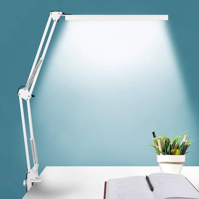 LED Desk Lamp, Manicure Table Lamp, 16" Lamp Head, Dimmable Eye-Caring Drafting Light with 3 Color Modes, 10 Brightness Levels & Adapter, Memory Function(White) - LeafyLoom